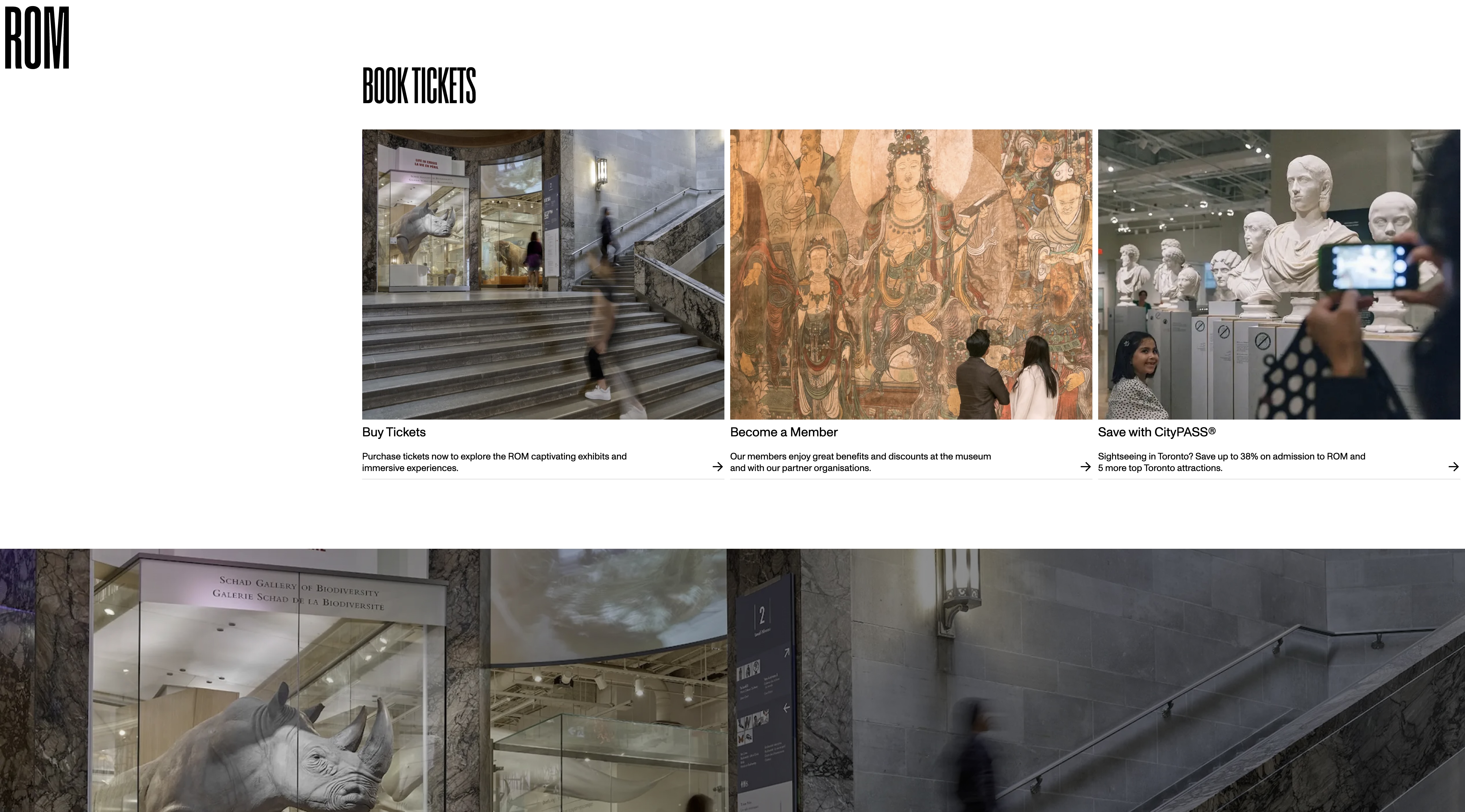 Screenshot of the ROM ticketing page showing Buy Tickets, Become a Member, and CityPASS cards, above a photo strip of the galleries — placeholder, replace with Figma export