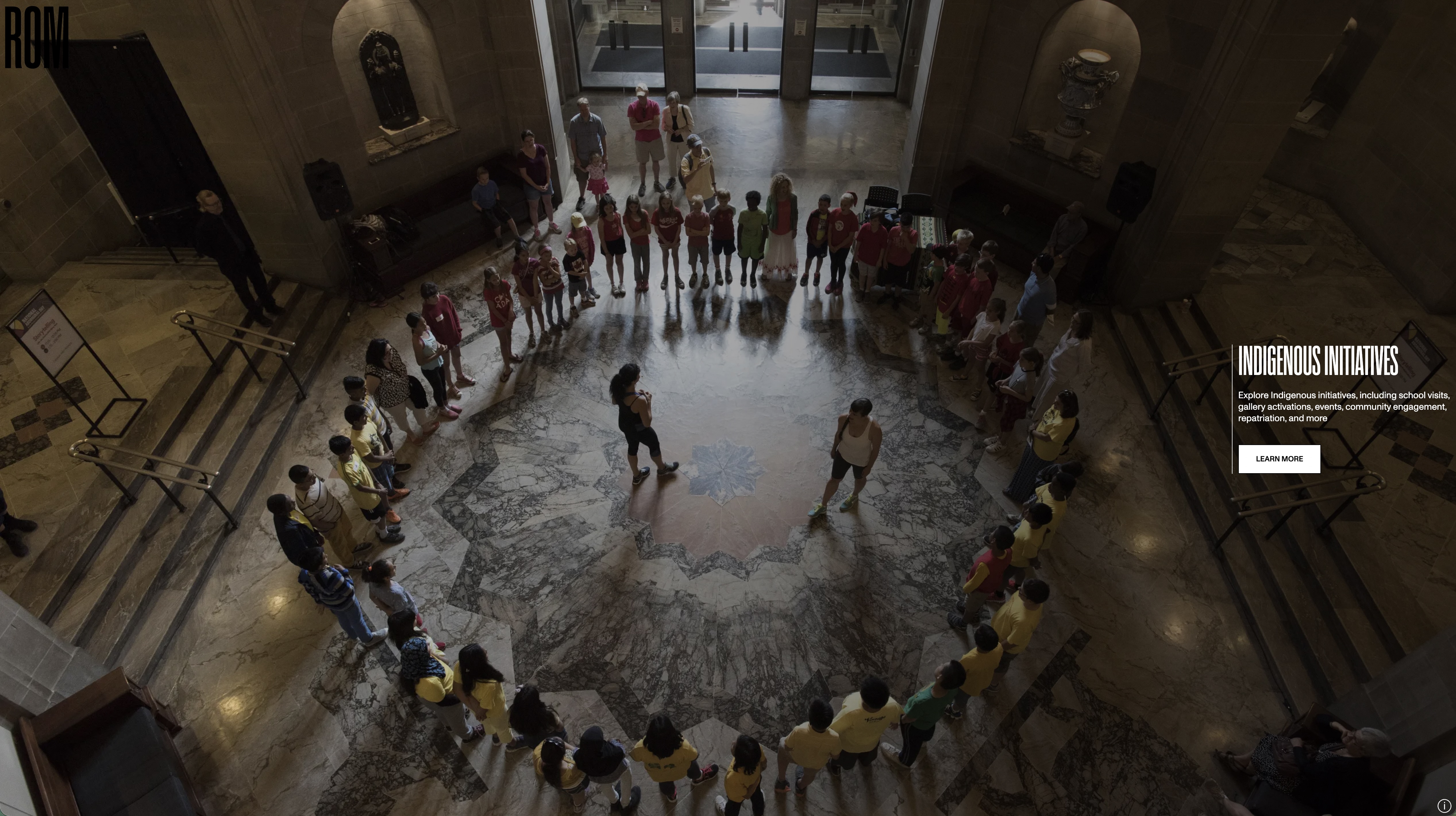 Screenshot of the ROM Indigenous Initiatives gallery page, overlaid on a photo of visitors gathered in the rotunda — placeholder, replace with Figma export