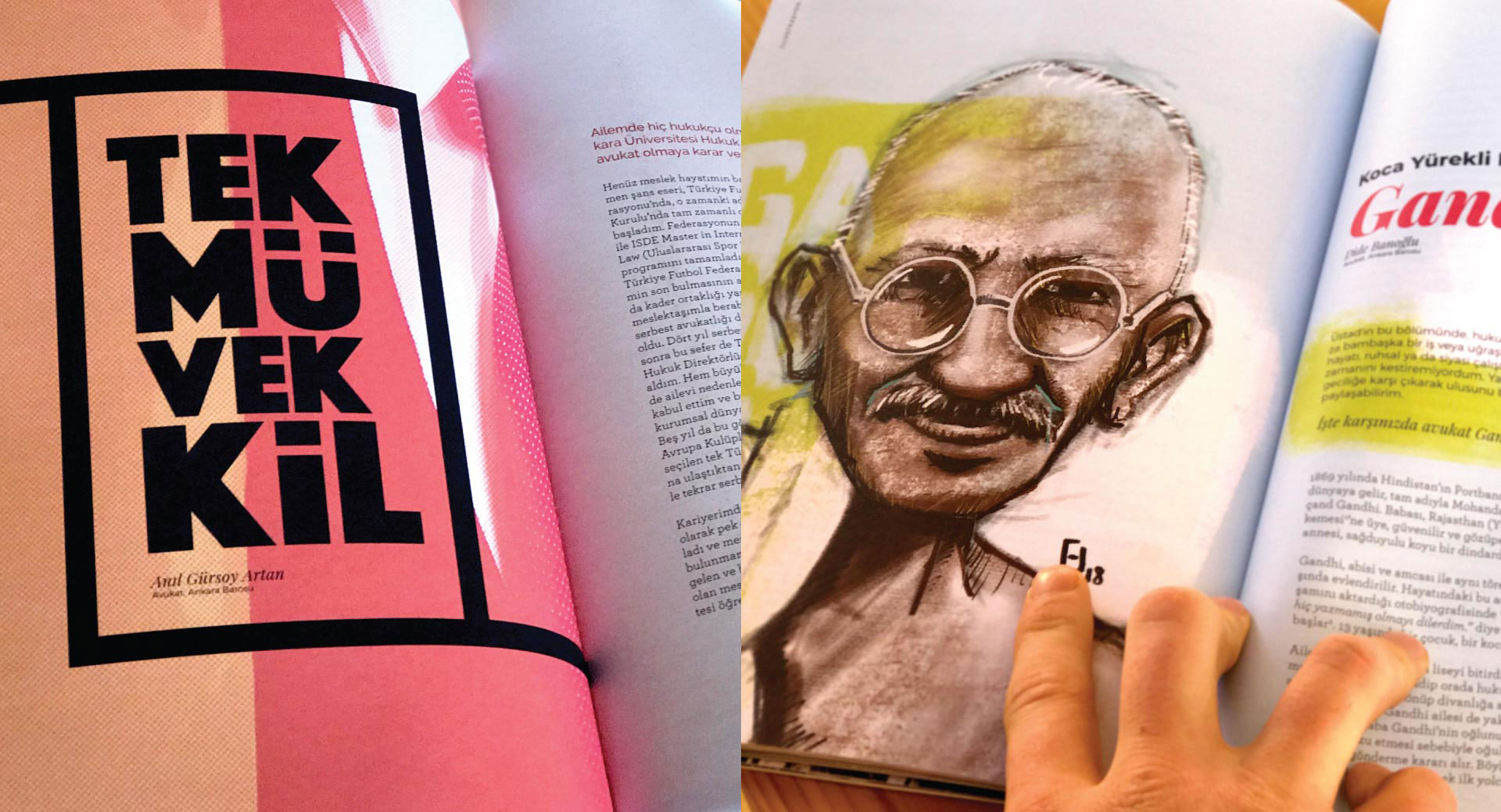 Spread pairing display type for a corporate-counsel piece with an ink-and-wash Gandhi portrait — placeholder, replace with Figma export