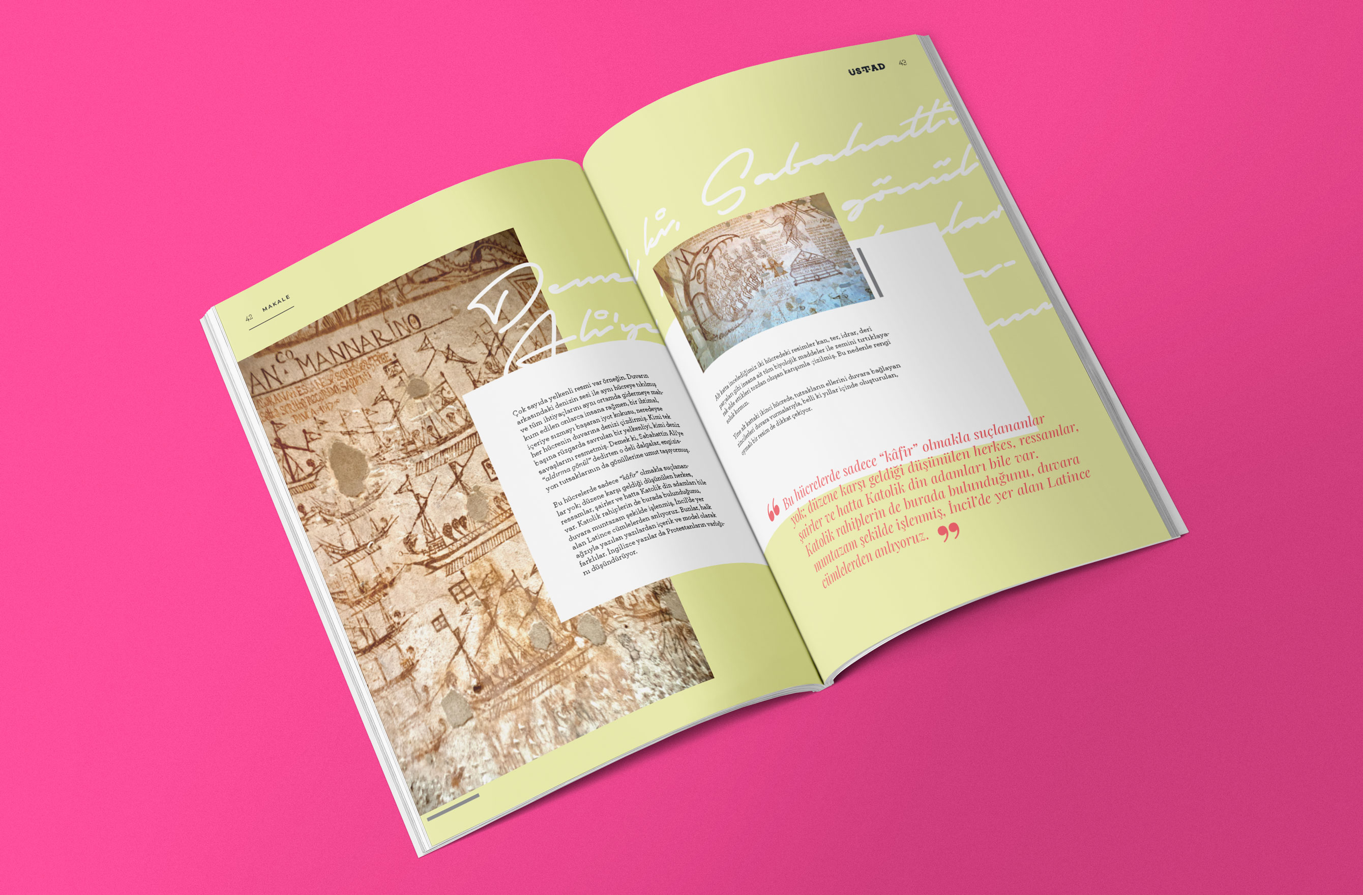 Spread pairing a prison wall drawing with the article's handwritten-style headline — placeholder, replace with Figma export