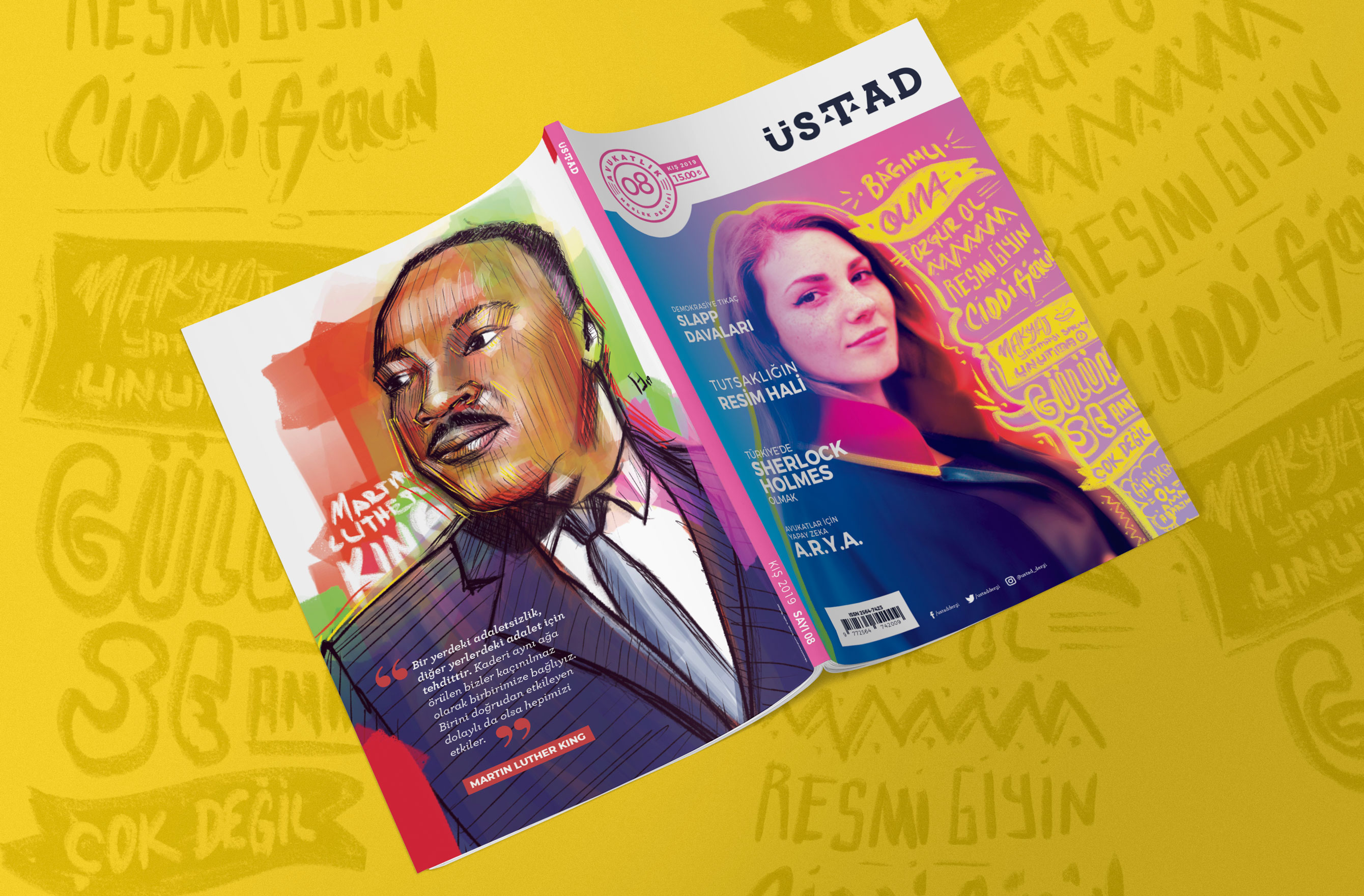 Full-bleed photo of two Ustad covers laid open against a bright yellow background — placeholder, replace with Figma export