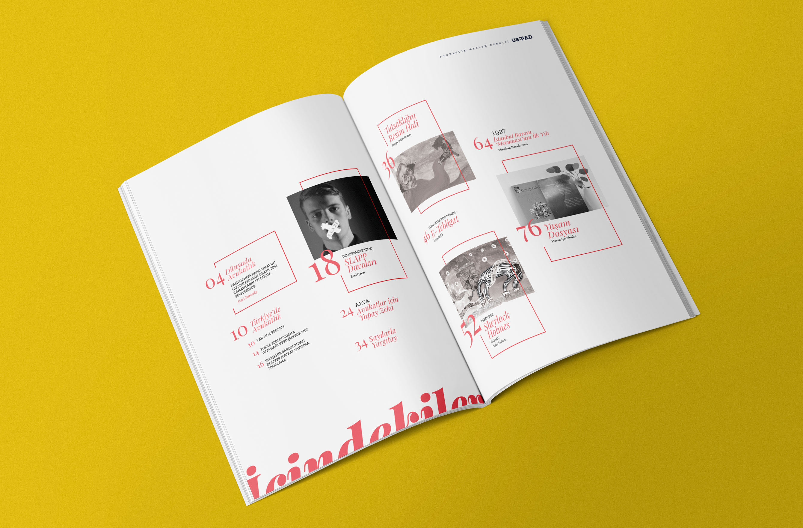 The contents spread of Üstad magazine with page-number navigation and article thumbnails — placeholder, replace with Figma export
