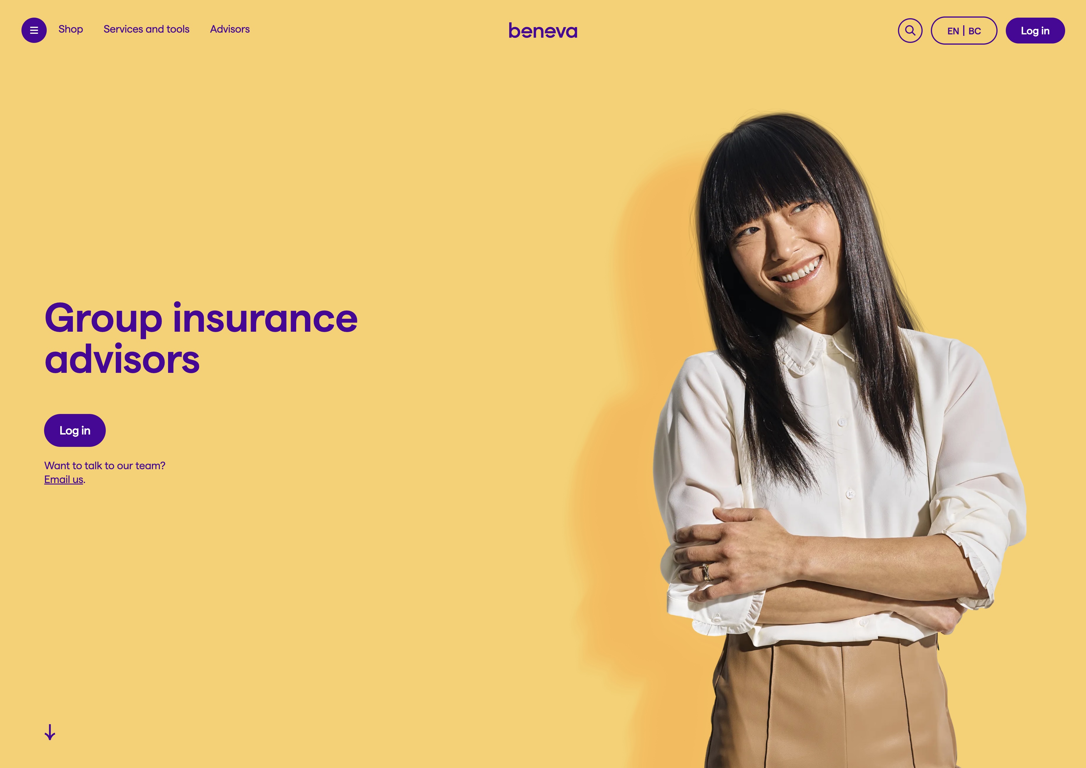 A focus ring shown on a purple button against Beneva's yellow background — placeholder, replace with Figma export