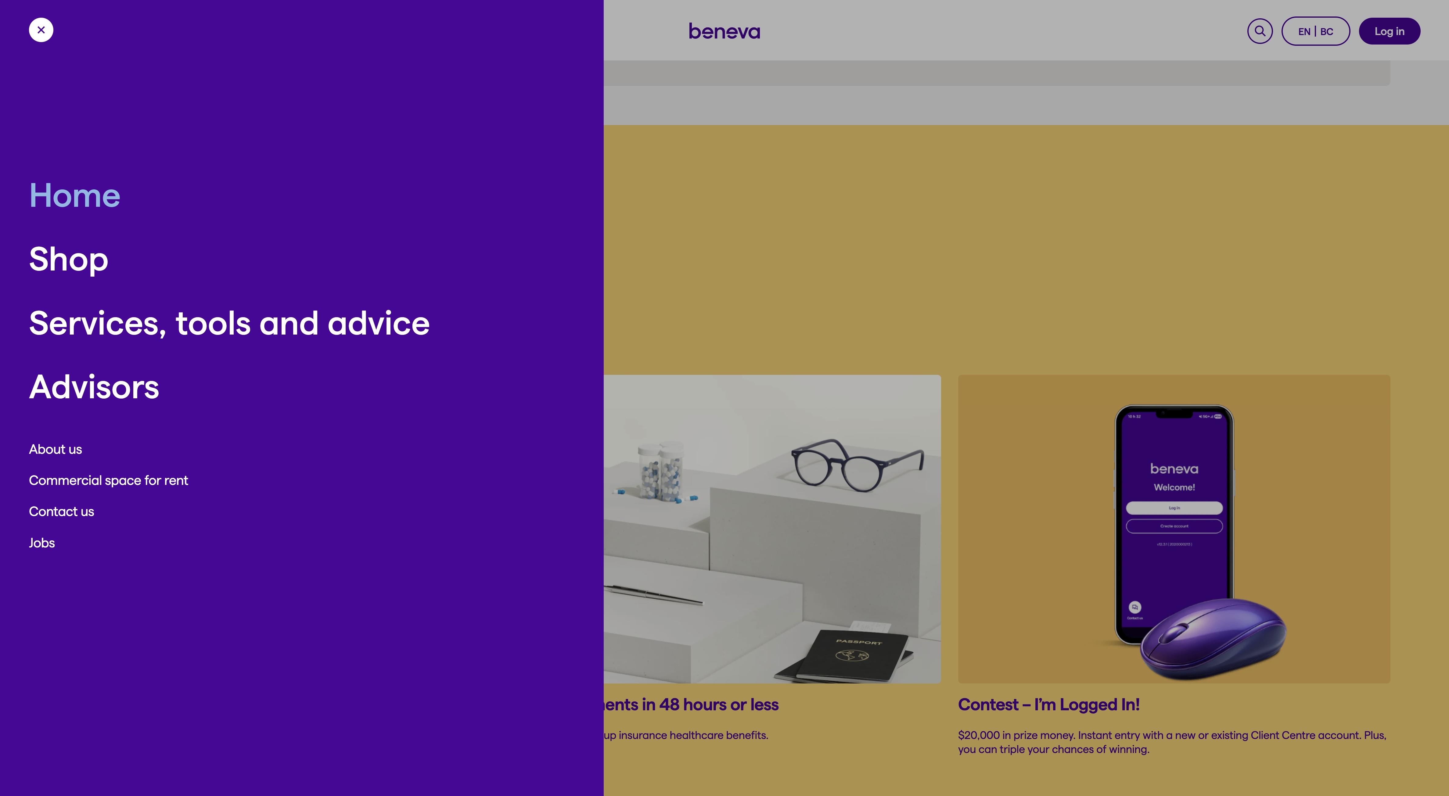 Full-screen navigation menu overlay on the Beneva site — placeholder, replace with Figma export