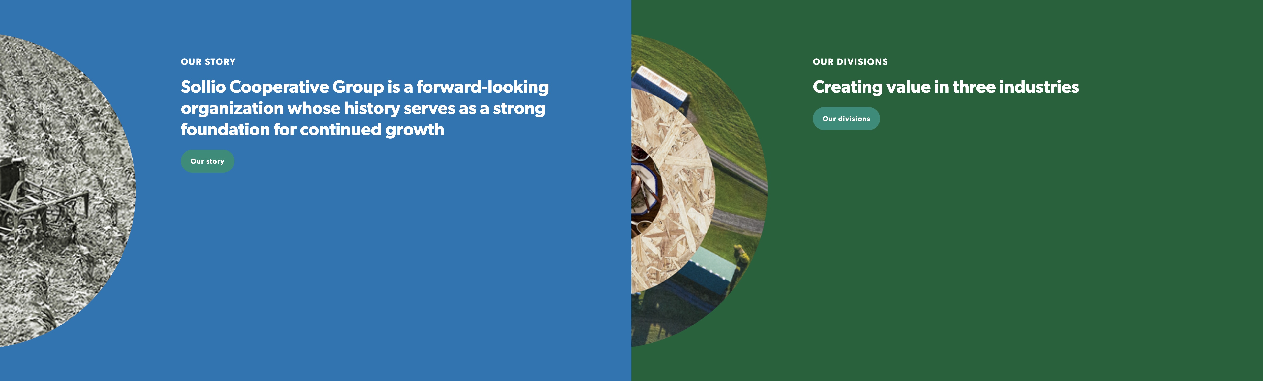 Split band component, two half-width panels each with a circular photo bleeding off the left edge — placeholder, replace with Figma export