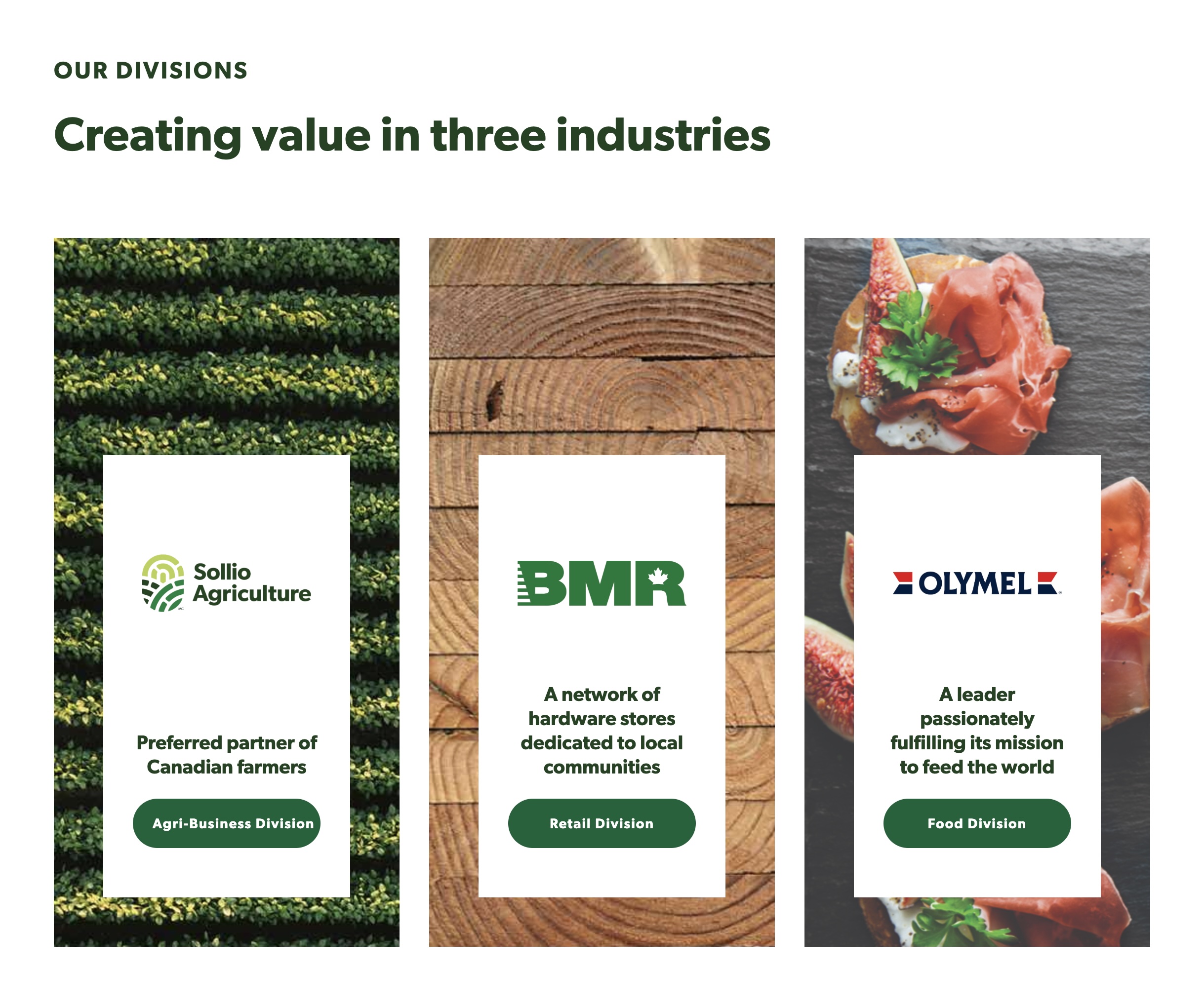 Three division cards — Sollio Agriculture, BMR, Olymel — each a white panel floating on a photograph holding a third-party logo — placeholder, replace with Figma export