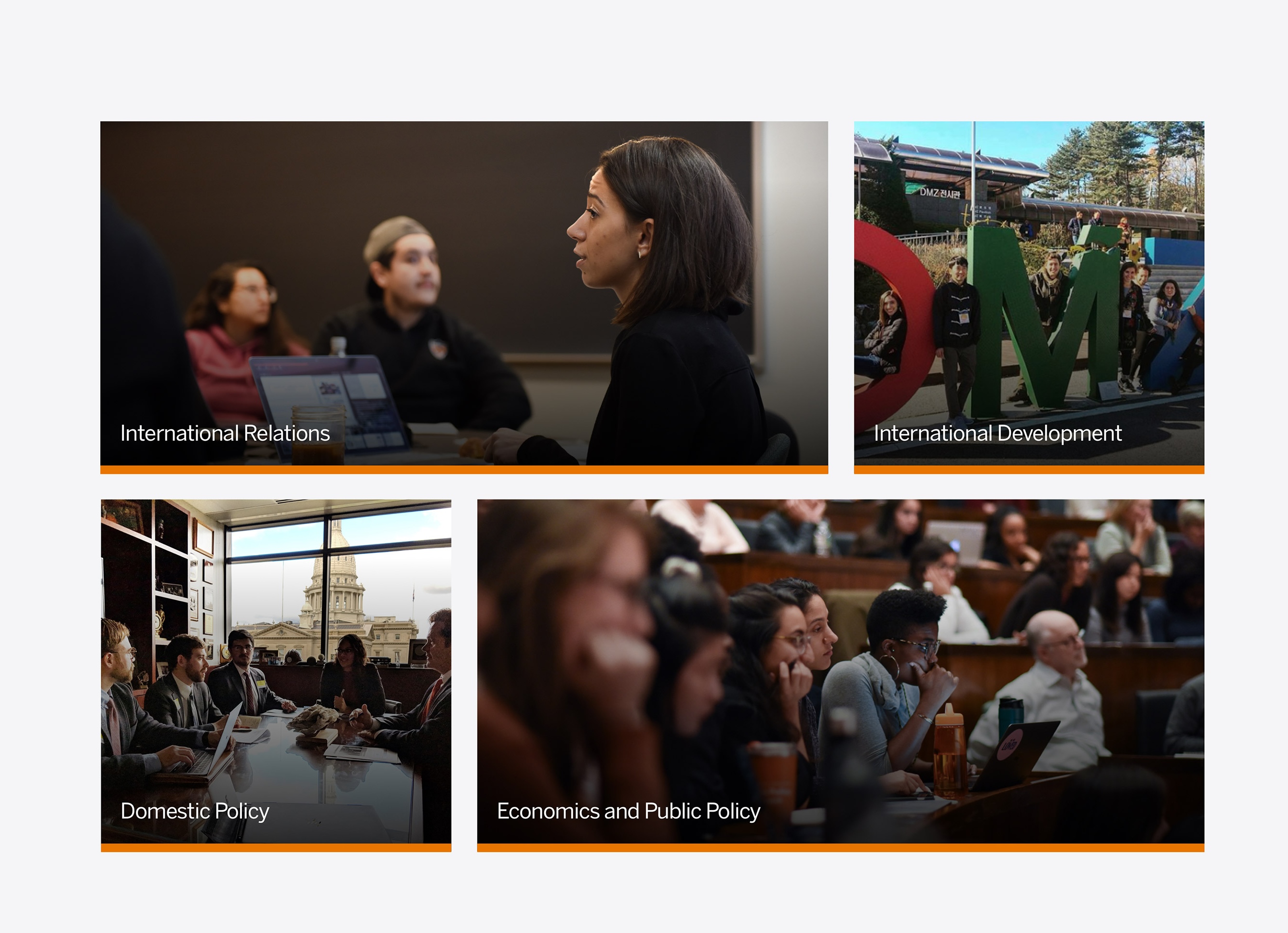 Grid of card components showing fields of study, each with a photograph, label, and orange base rule — placeholder, replace with Figma export