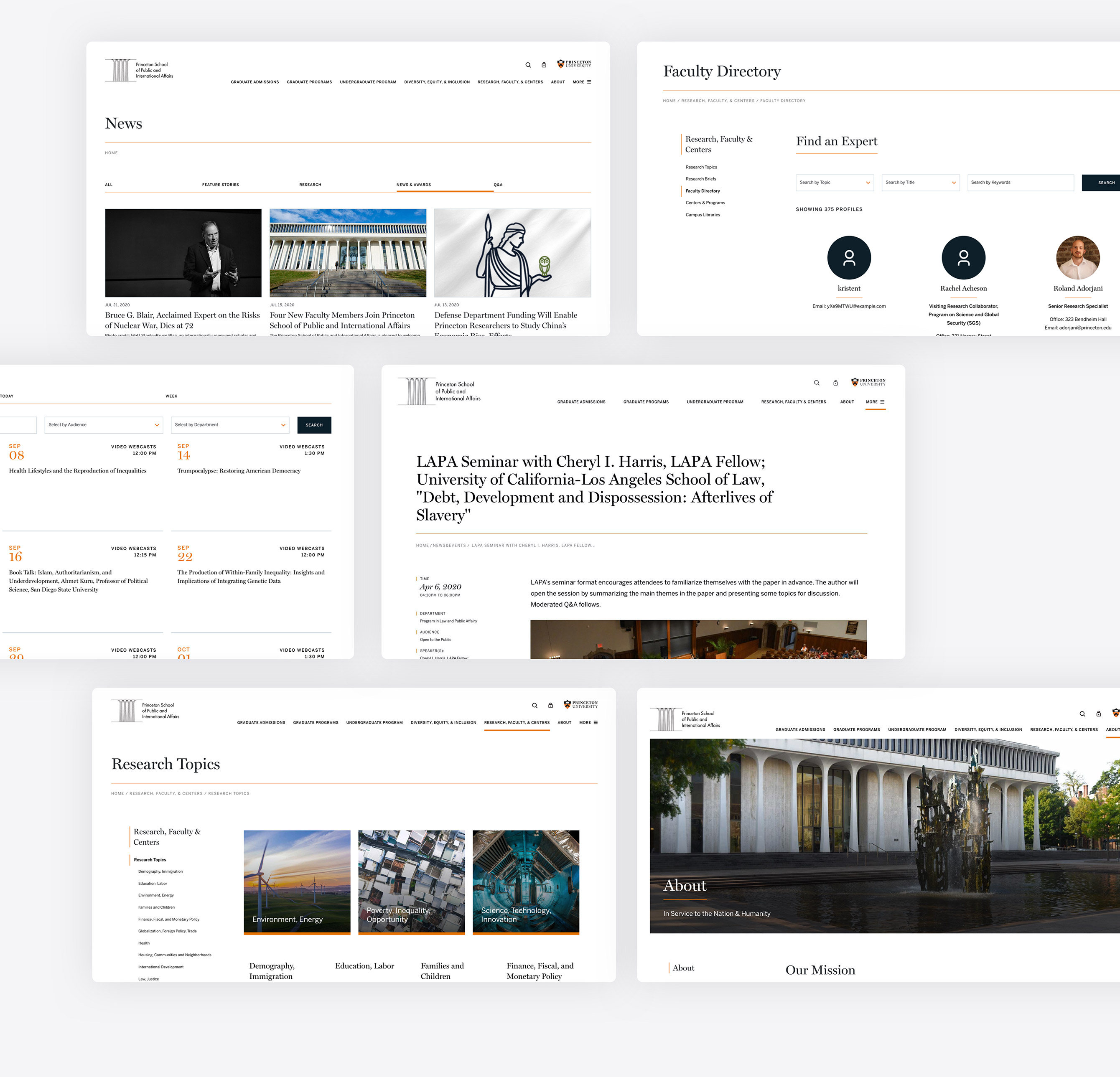 Filtered listing template showing news, faculty directory, events, and research topics — placeholder, replace with Figma export