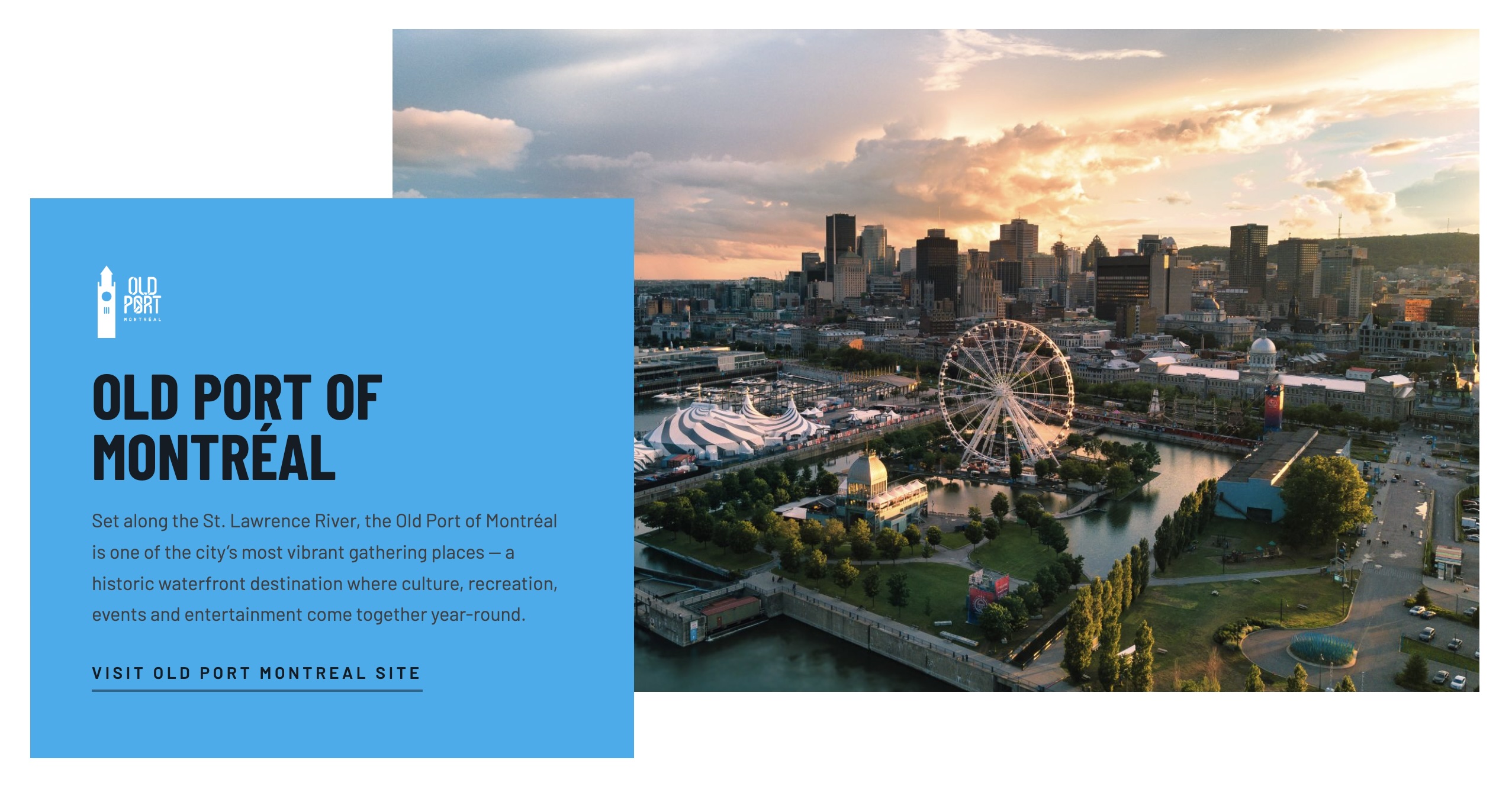 Old Port of Montréal attraction component: aerial dusk skyline photo beside a cyan info panel with the Old Port logo, name and description.