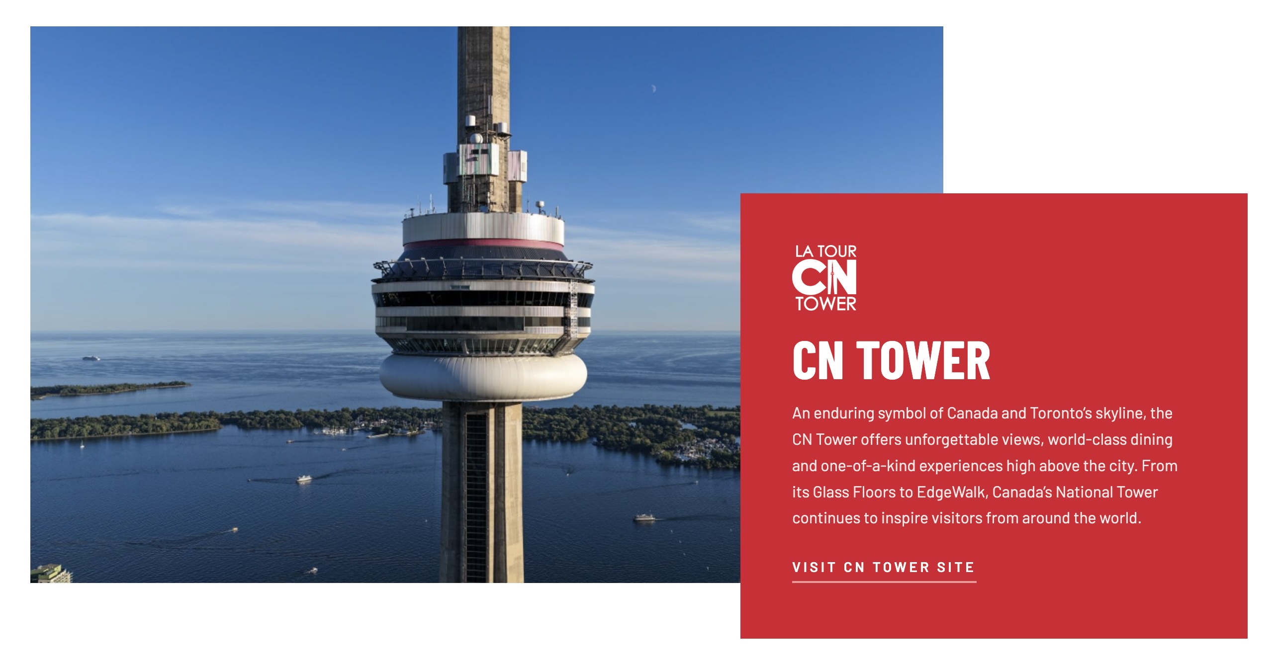 CN Tower attraction component: aerial photo of the CN Tower over Toronto's shoreline beside a red info panel with the CN Tower logo, name, description and a 'Visit CN Tower site' link.