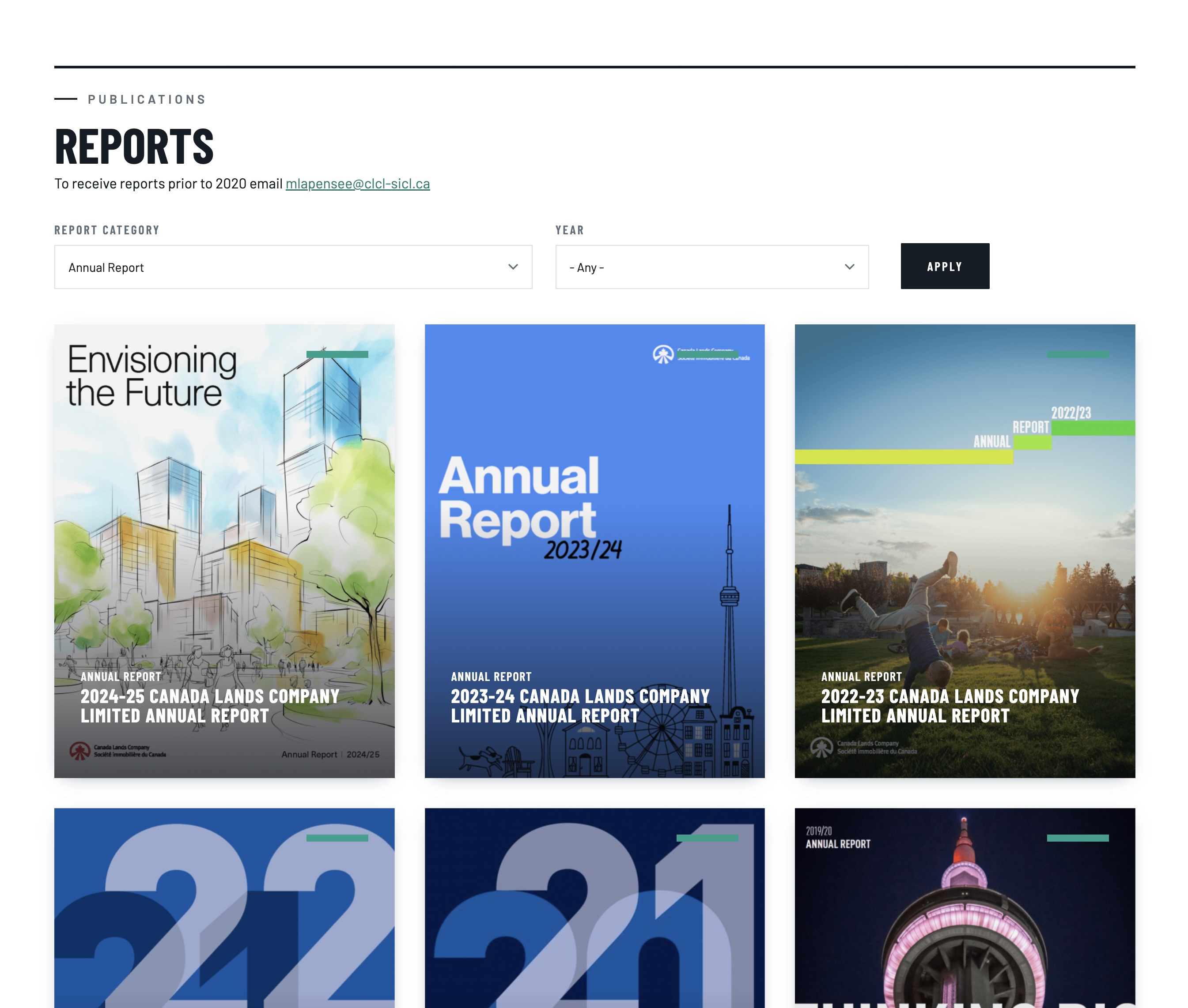 Reports archive page: filterable grid of annual report covers by category and year.