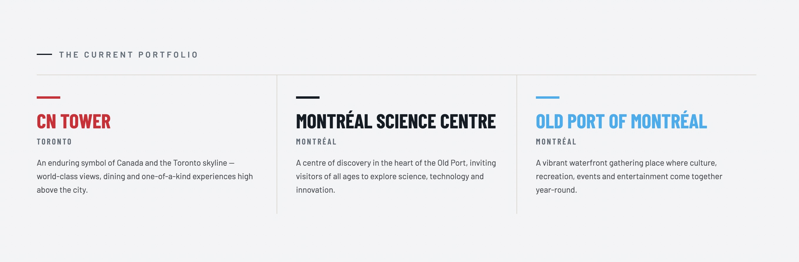 Current portfolio panel: a light three-column grid titled 'The current portfolio' listing CN Tower, Montréal Science Centre and Old Port of Montréal, each with a colour-coded rule, name, location and one-line description.