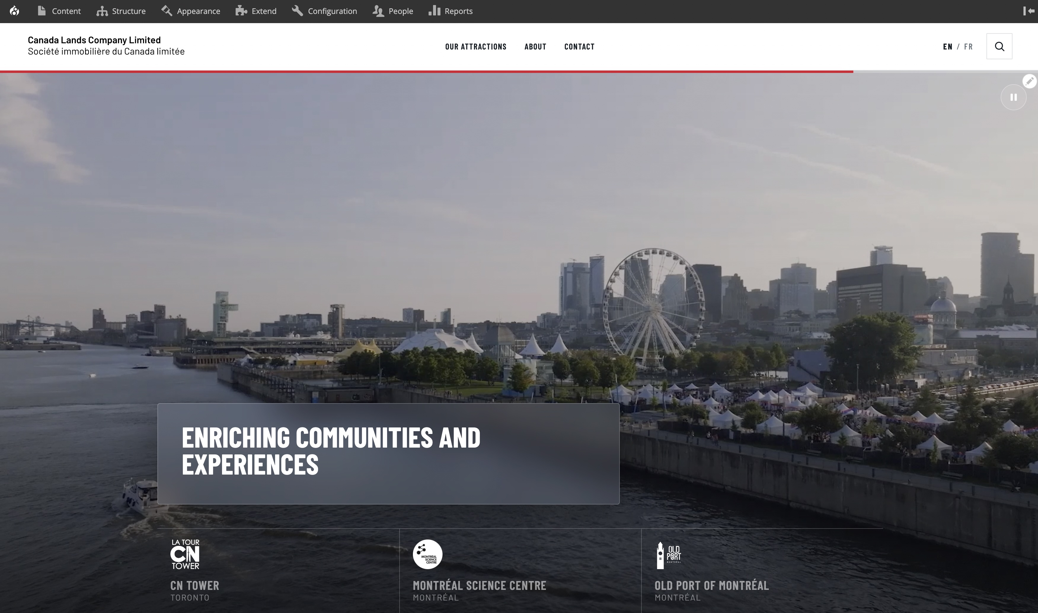 Canada Lands Company homepage hero: aerial dusk view of Montréal's Old Port with the Ferris wheel, overlaid with the headline 'Enriching communities and experiences' and links to the CN Tower, Montréal Science Centre and Old Port of Montréal.