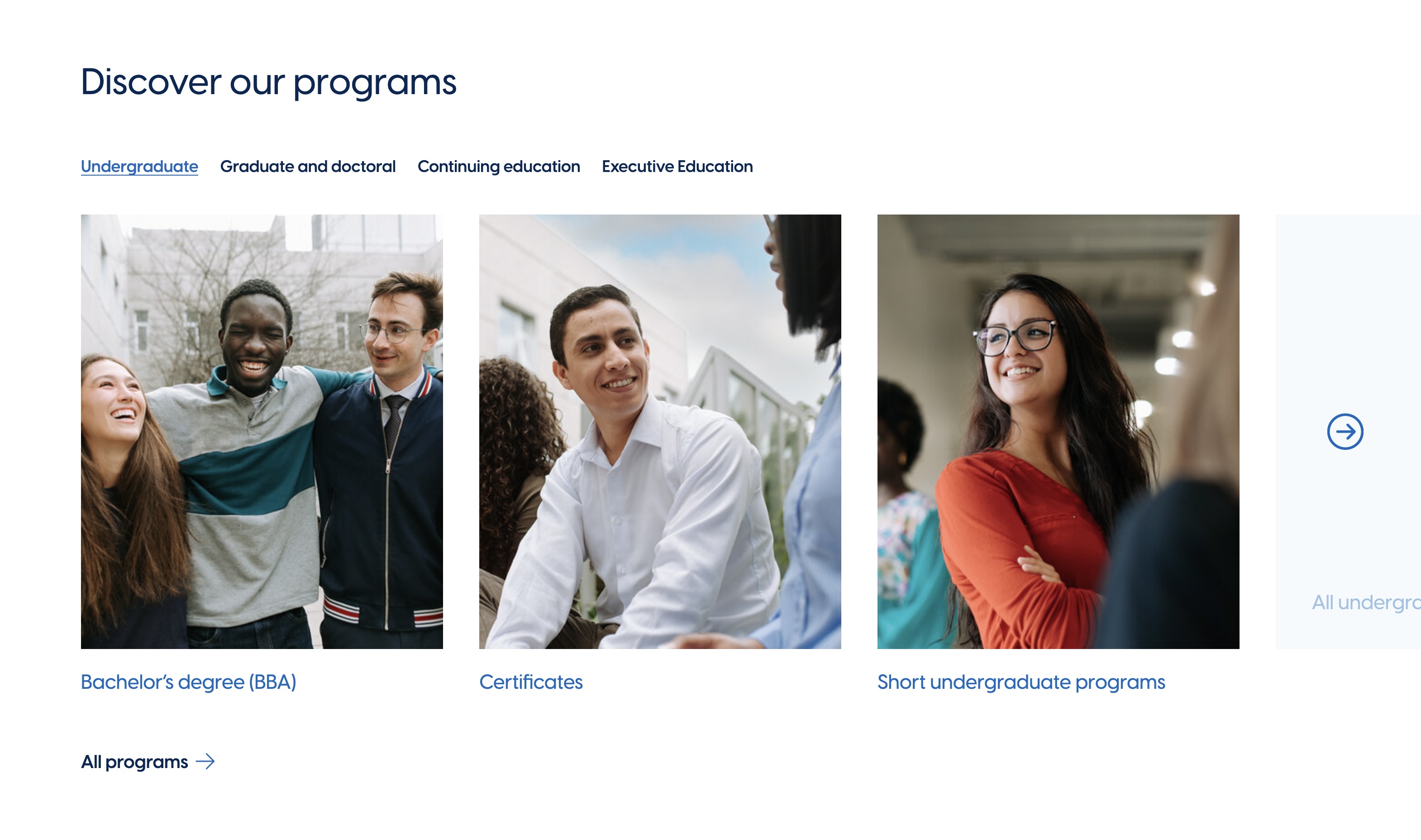 The programs tab component: four tabs, three cards each, one link out — the undergraduate-to-executive spread.