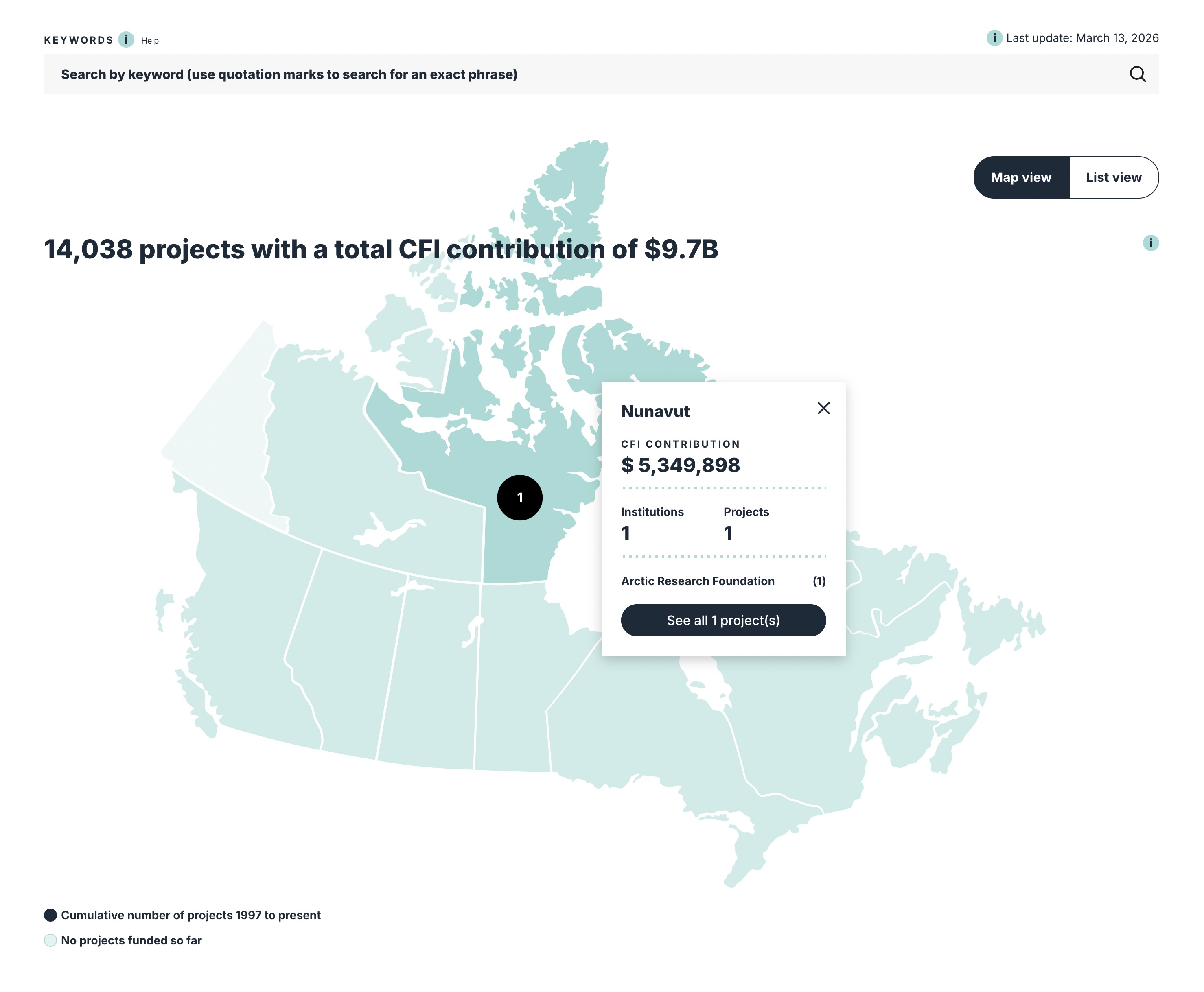 A region detail card highlighted on the map with a dismissible panel and a link into the project list.