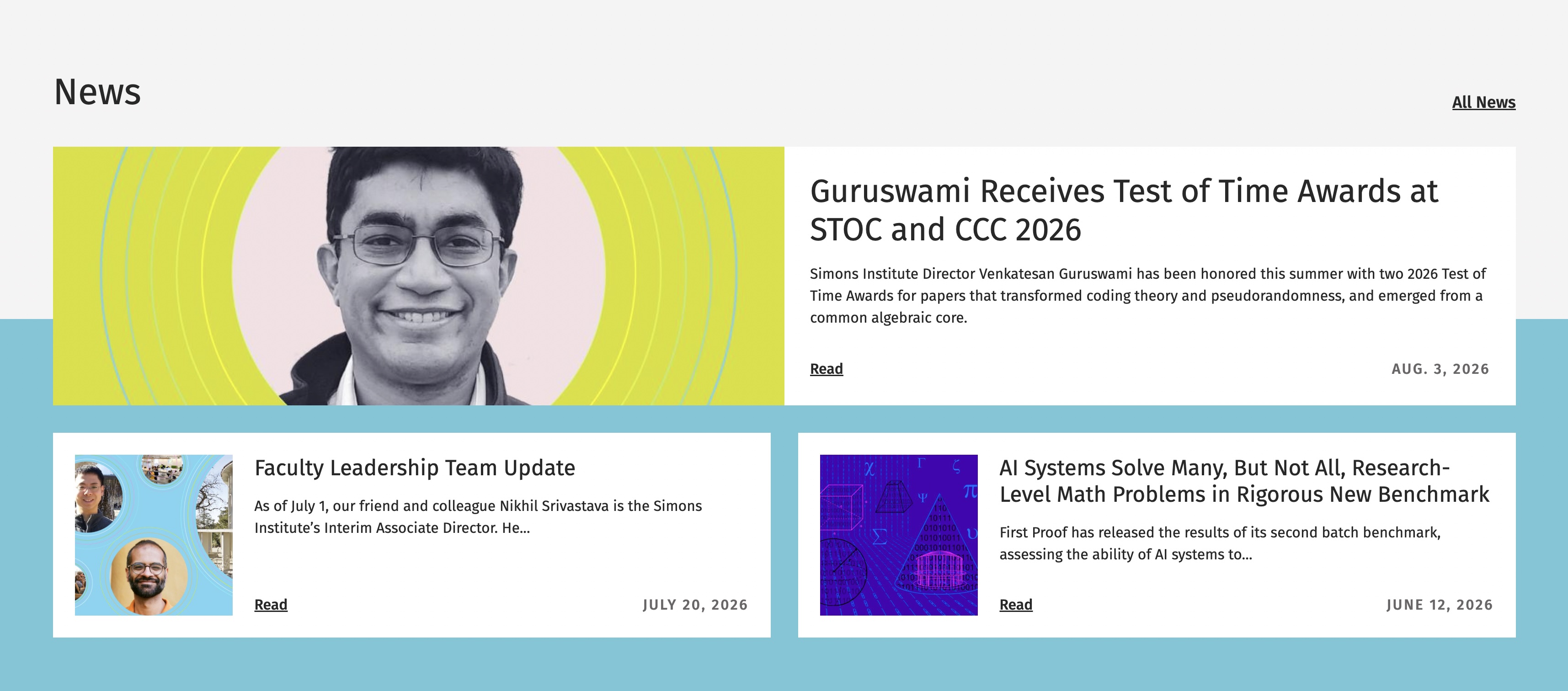 News section: one full-width featured story card above two smaller side-by-side story cards, each with a colour-blocked background image, headline, summary and date.