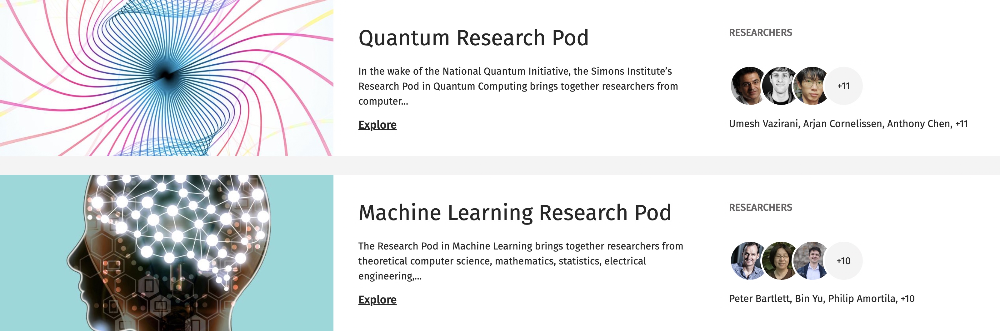 Research pods section listing Quantum and Machine Learning research pods, each with a three-portrait stack and a "+N" overflow count of additional researchers.