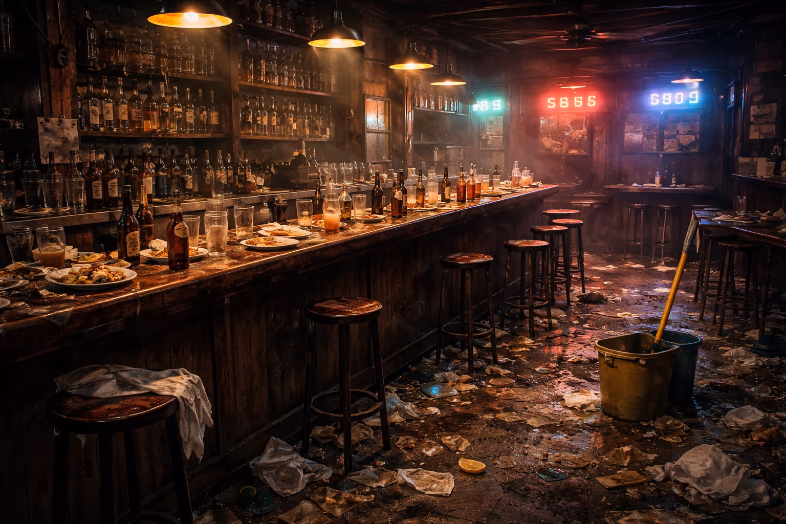 Dimly lit bar with a long wooden counter crowded with empty bottles, glasses, dirty plates, and stools, and a floor strewn with trash and two mop buckets.