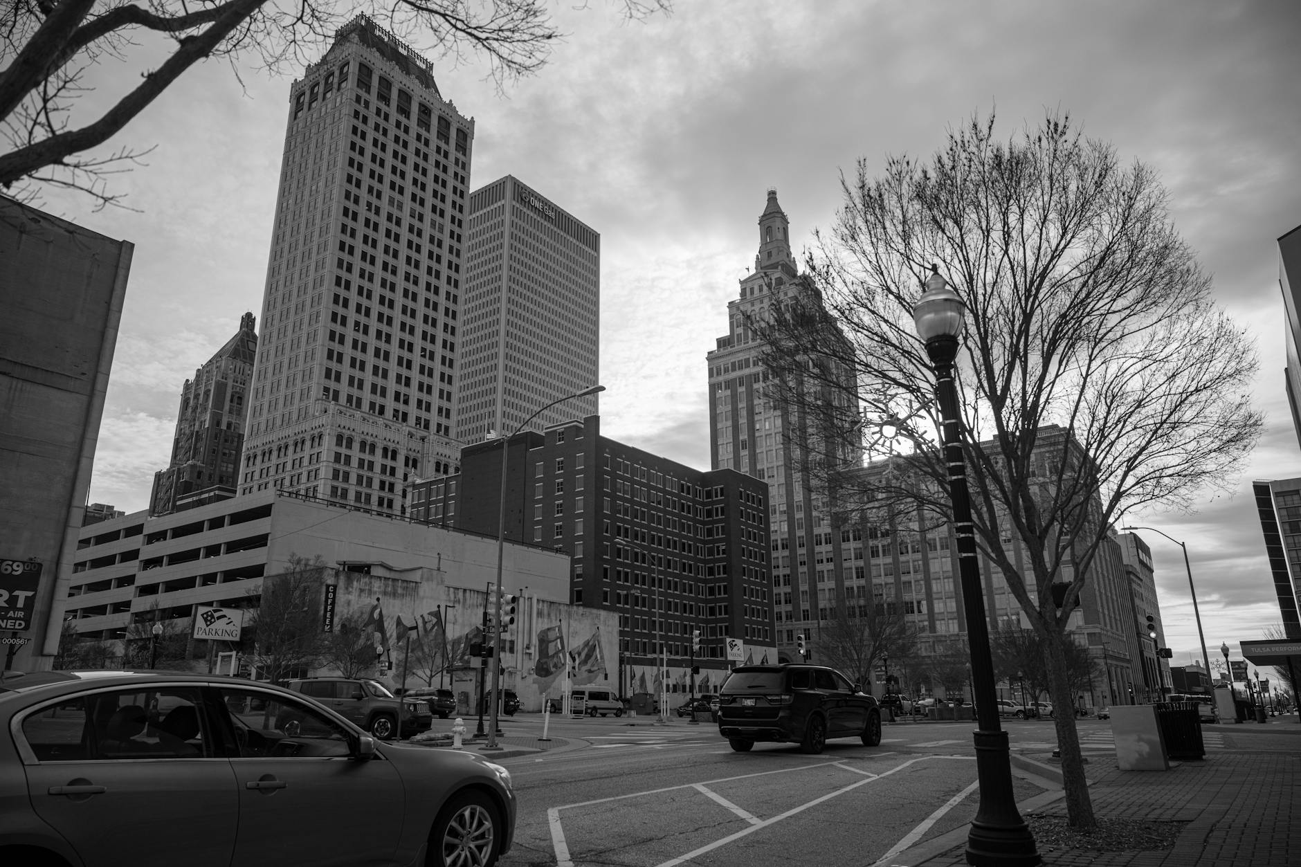 A striking black and white cityscape of downtown Tulsa, showcasing its distinctive architecture.