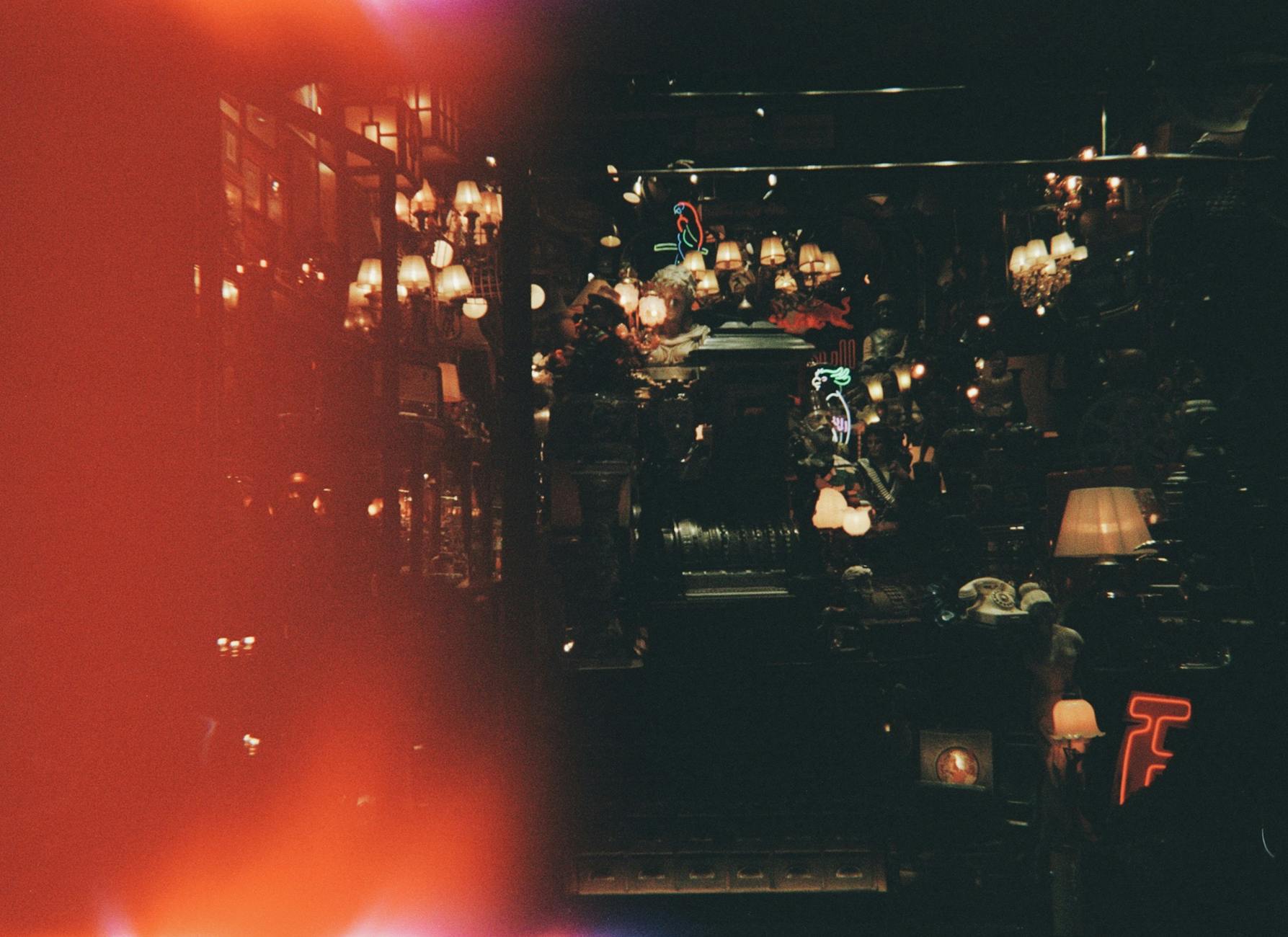 Atmospheric interior shot of a dimly lit café in Istanbul, Turkey.