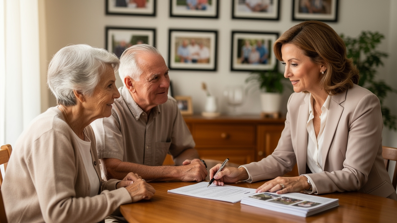 Professional agent explaining options to senior homeowners with empathy