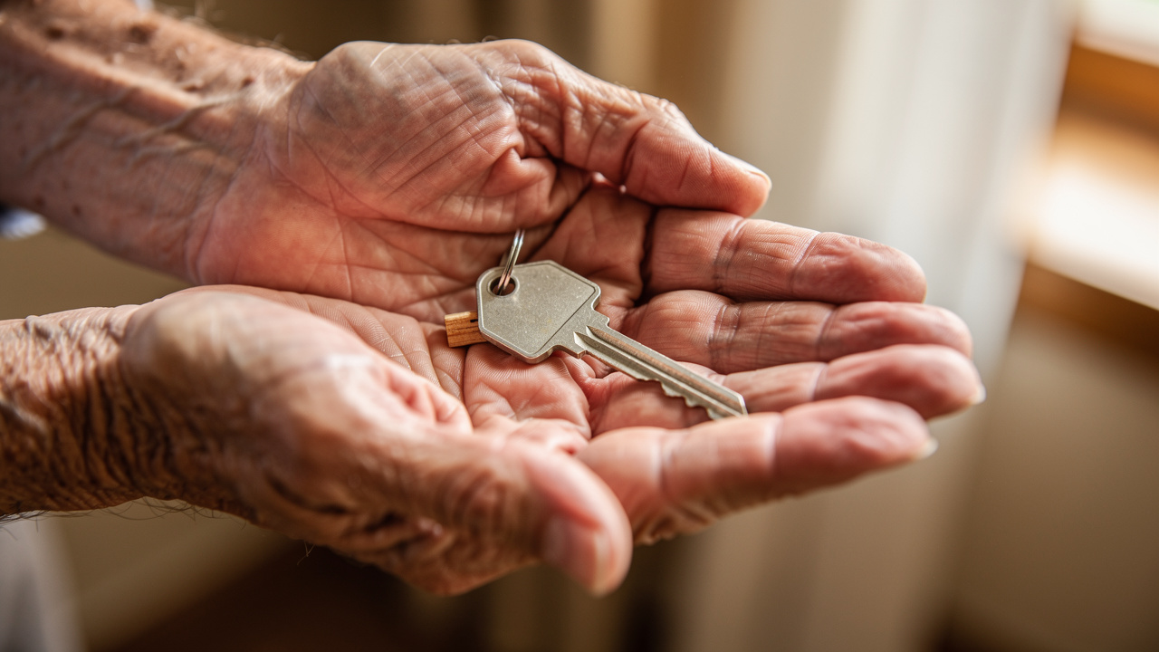 Elderly person holding house keys symbolizing home transition