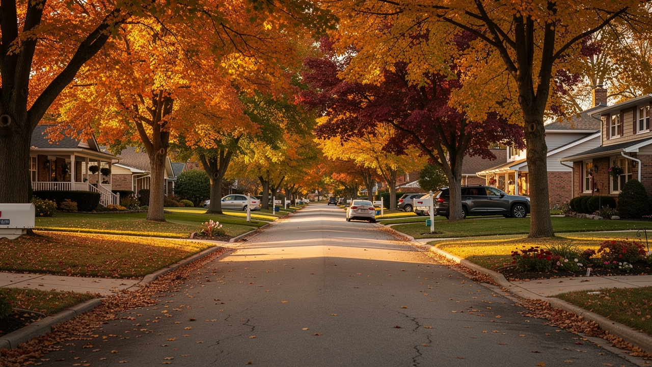 Quiet residential neighborhood street in autumn