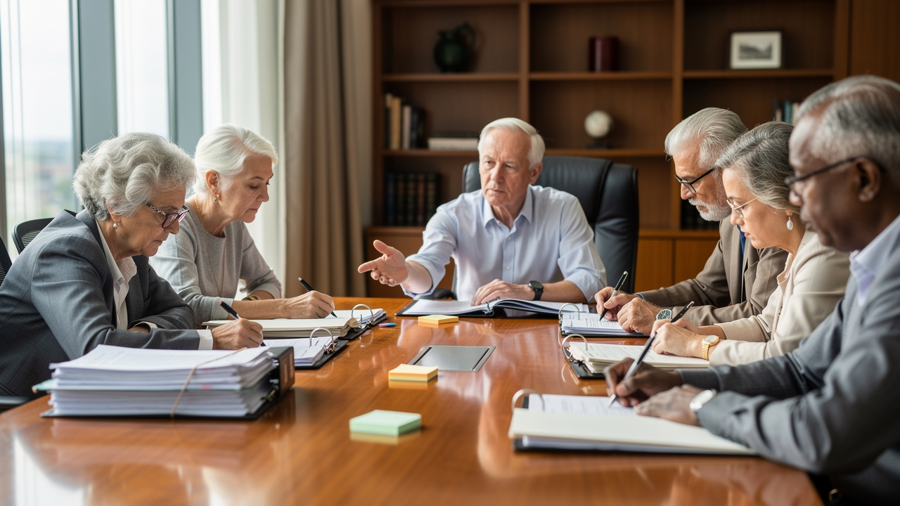 Seniors carefully reviewing retirement community contracts together