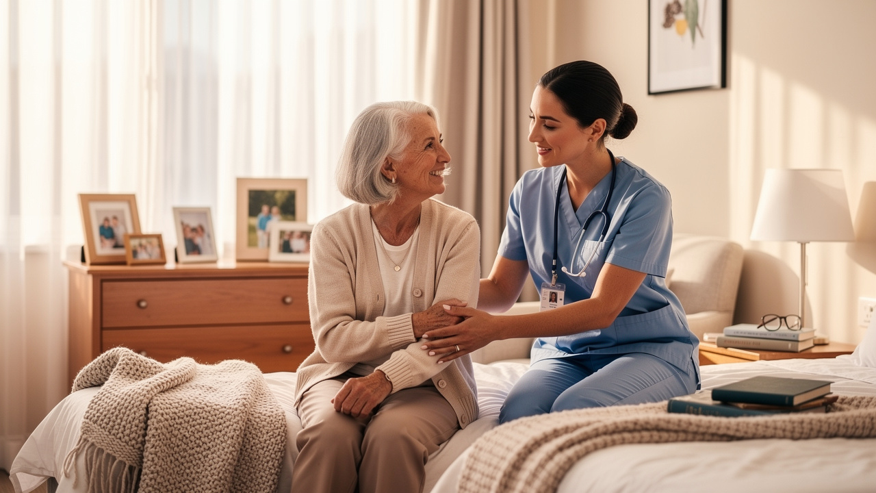 Caregiver providing compassionate assistance to elderly resident