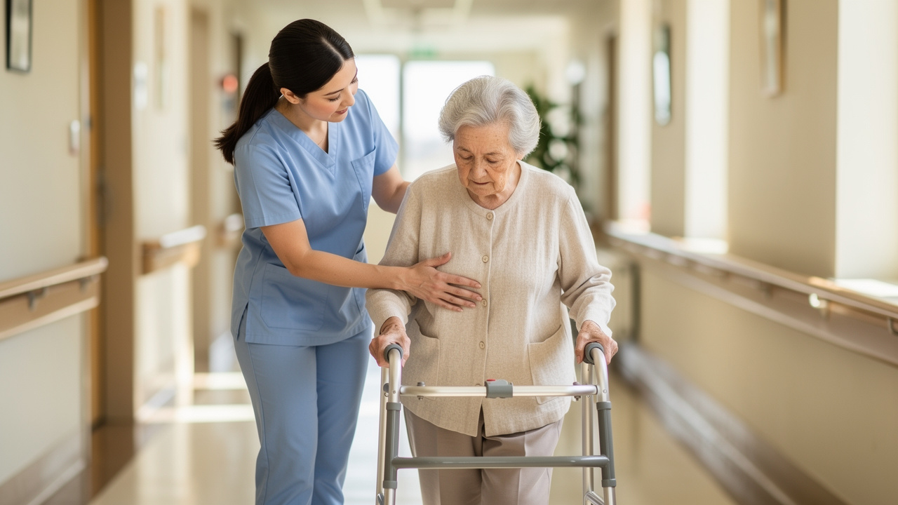 Caregiver providing compassionate assistance to senior resident