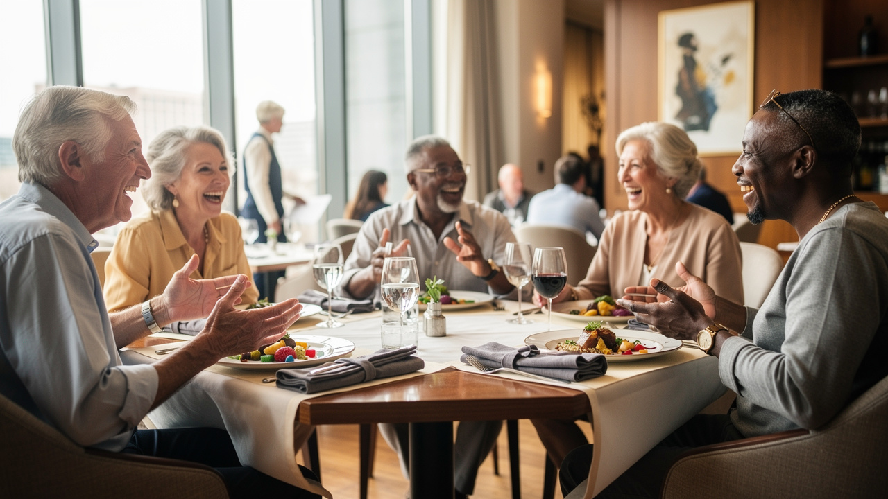 Seniors enjoying meal and conversation in community