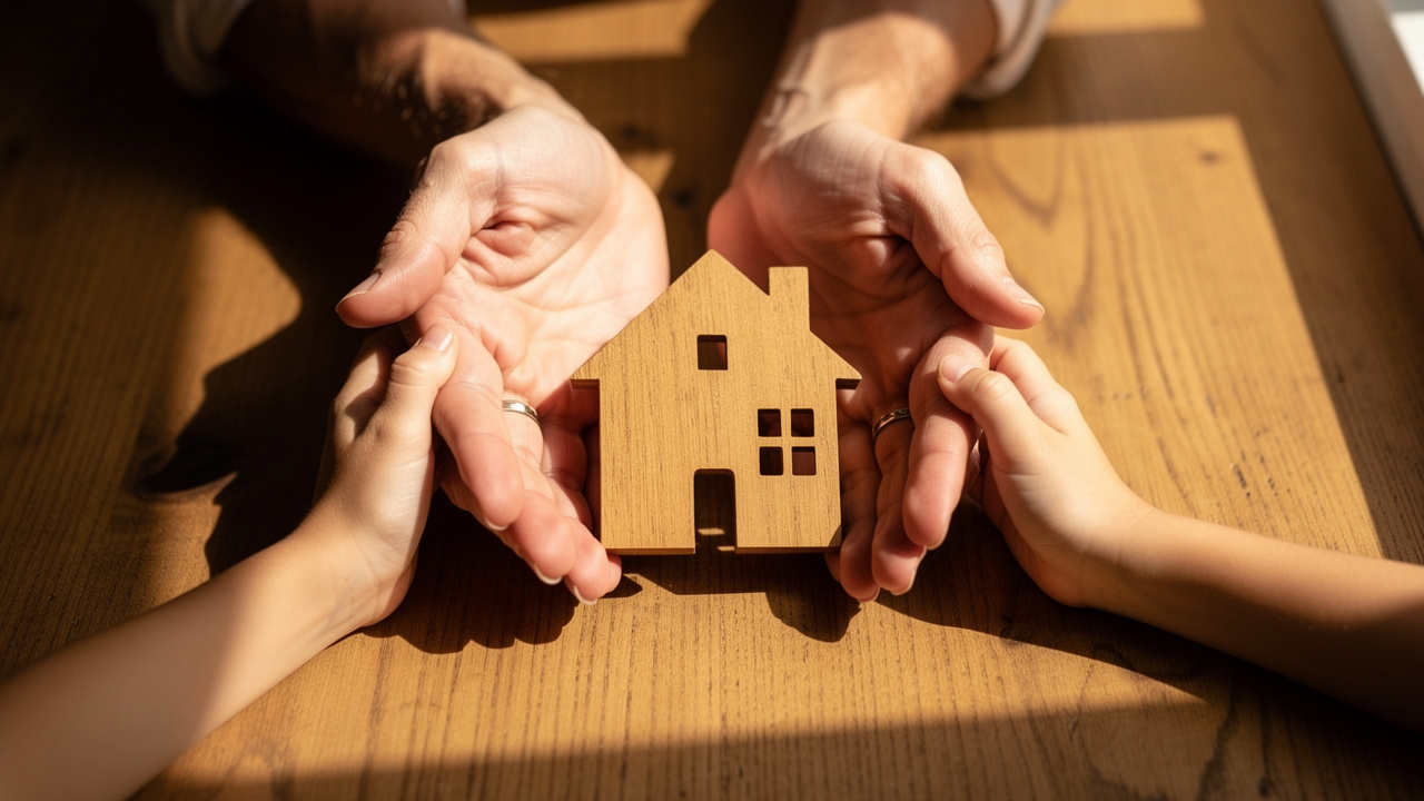 Multi-generational family holding house model together