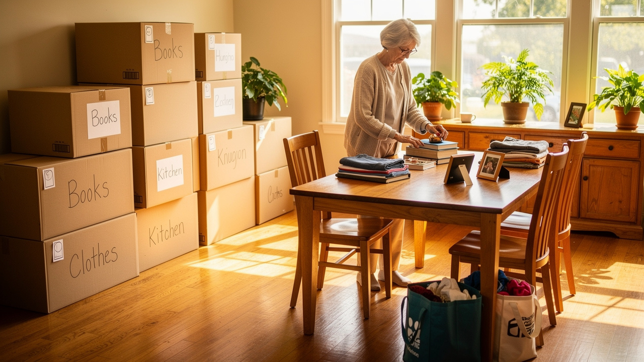 Organized decluttering and packing process in bright living room