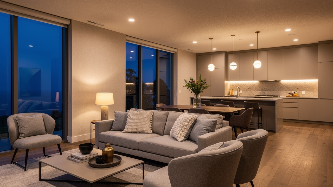 Beautifully staged home interior with warm evening lighting