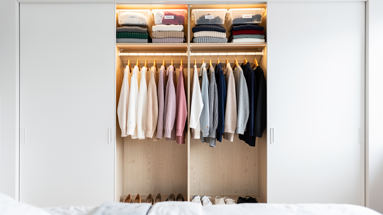 Organized bedroom closet with space and matching hangers