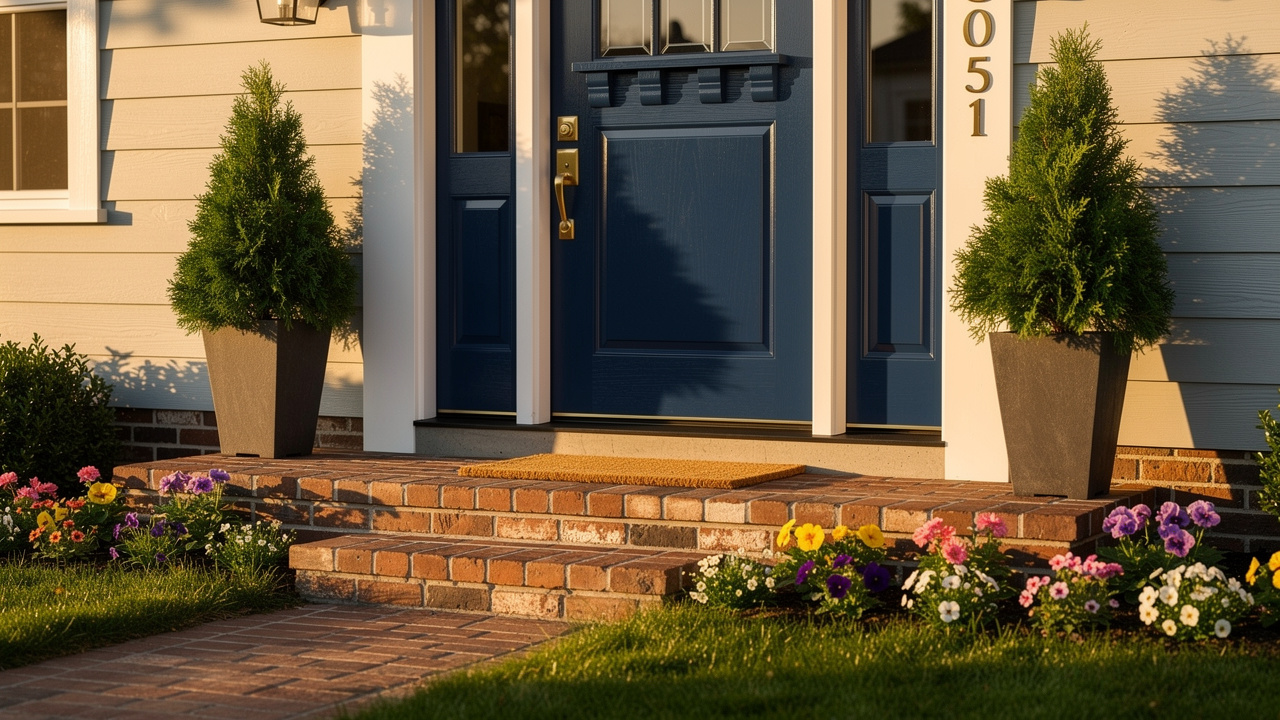 Attractive home entrance with painted door and landscaping