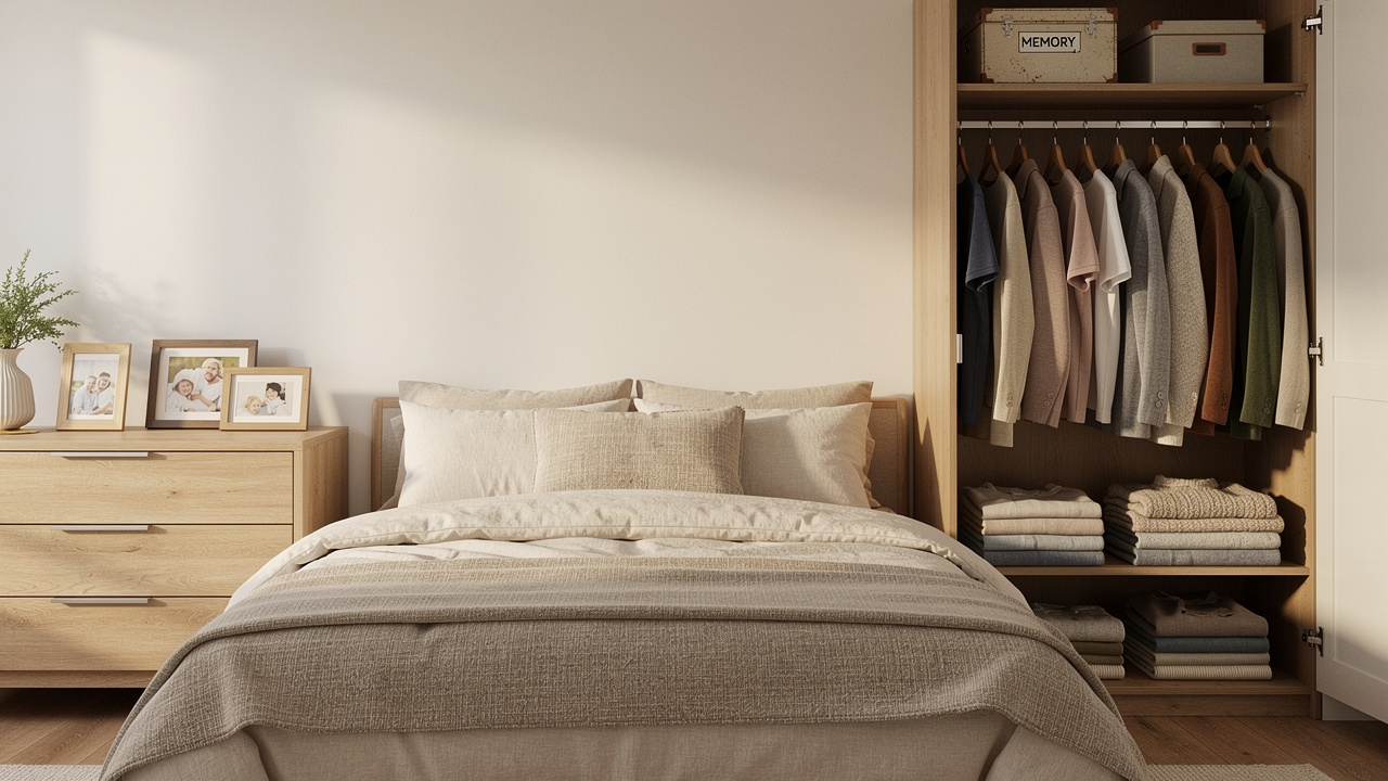 Organized peaceful bedroom after senior downsizing