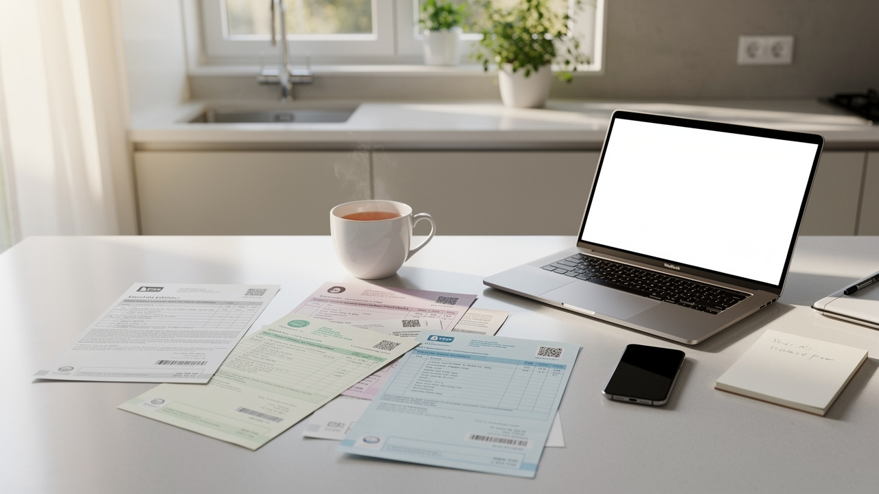 Utility bills and service documents organized on kitchen counter