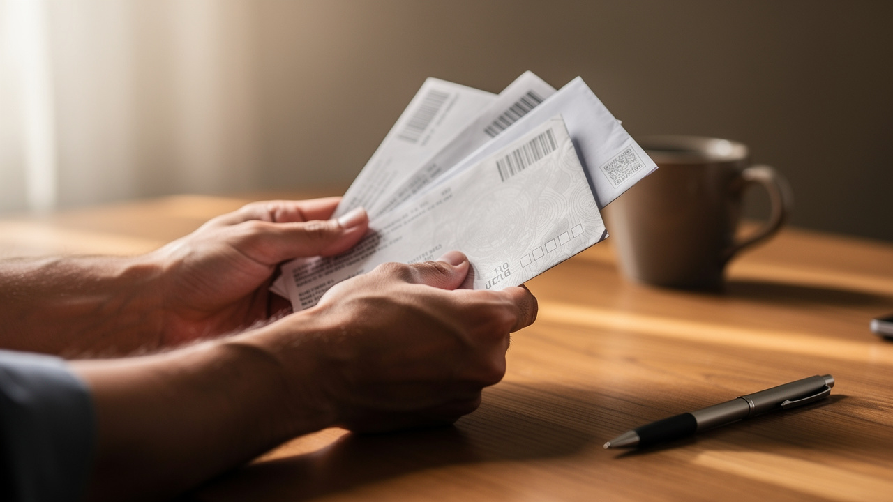 Person reviewing bank statements and mail for address changes