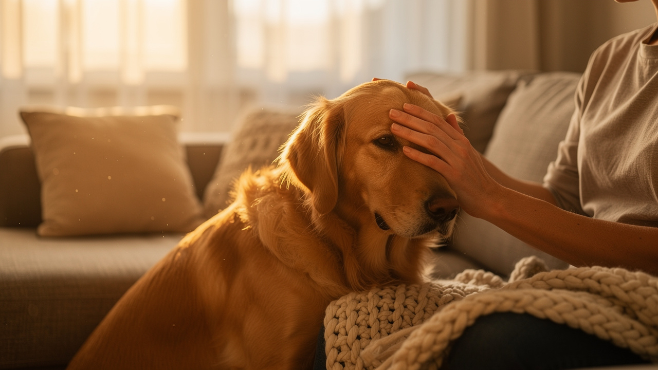 Dog and owner sharing quiet moment during home transition