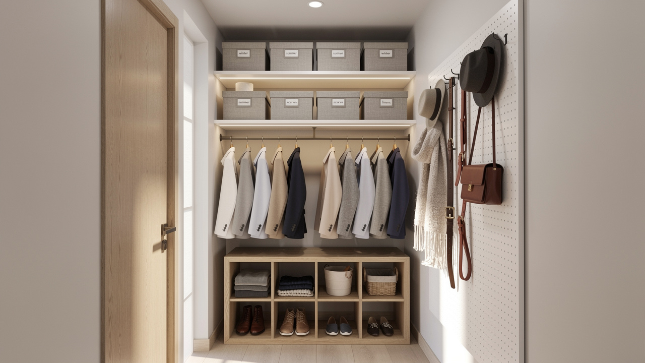 Cleverly organized closet with vertical storage solutions