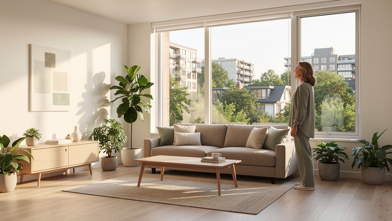 Woman in bright modern downsized condo with city view