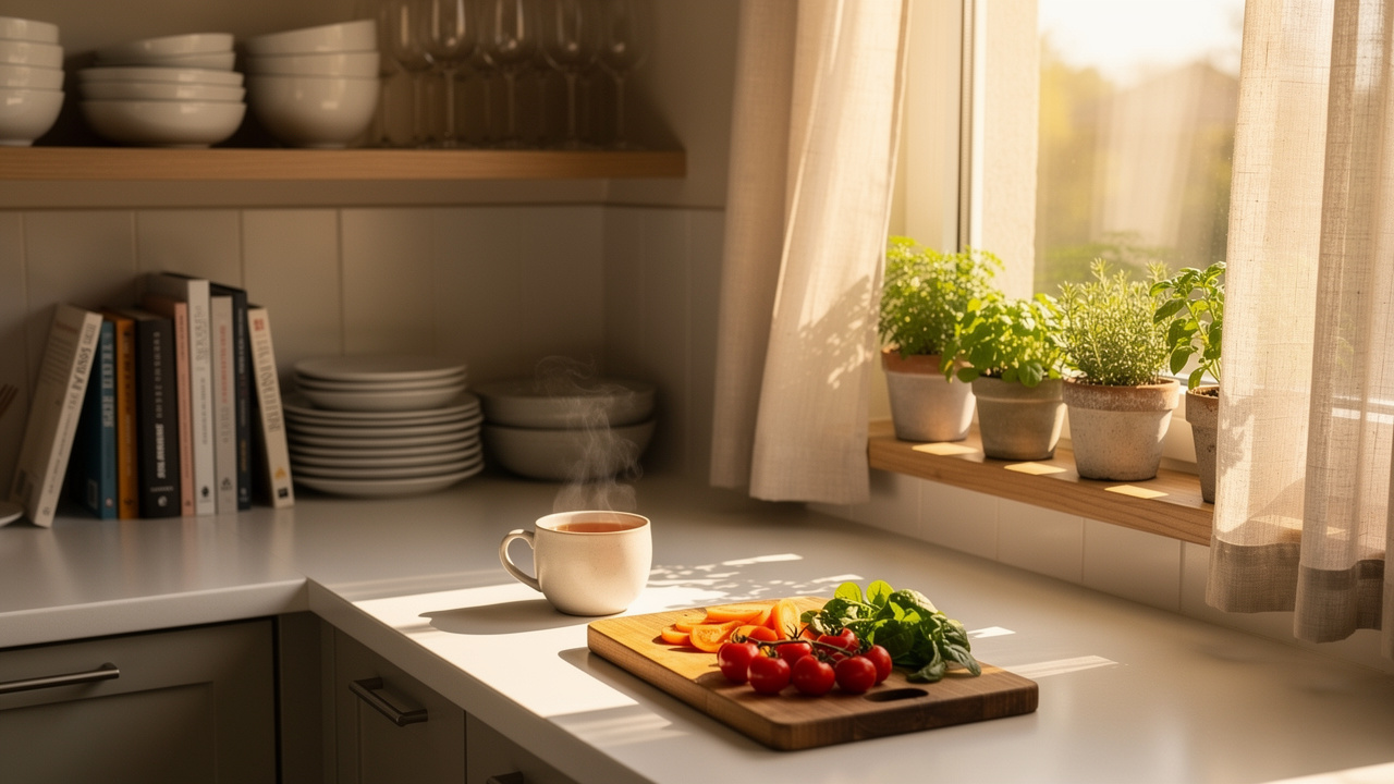Cozy organized apartment kitchen with sunlit herbs and tea