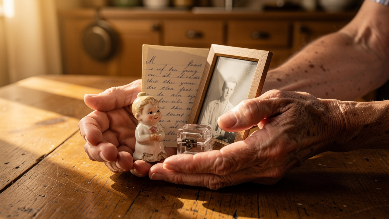 Elderly hands holding cherished sentimental keepsakes on table
