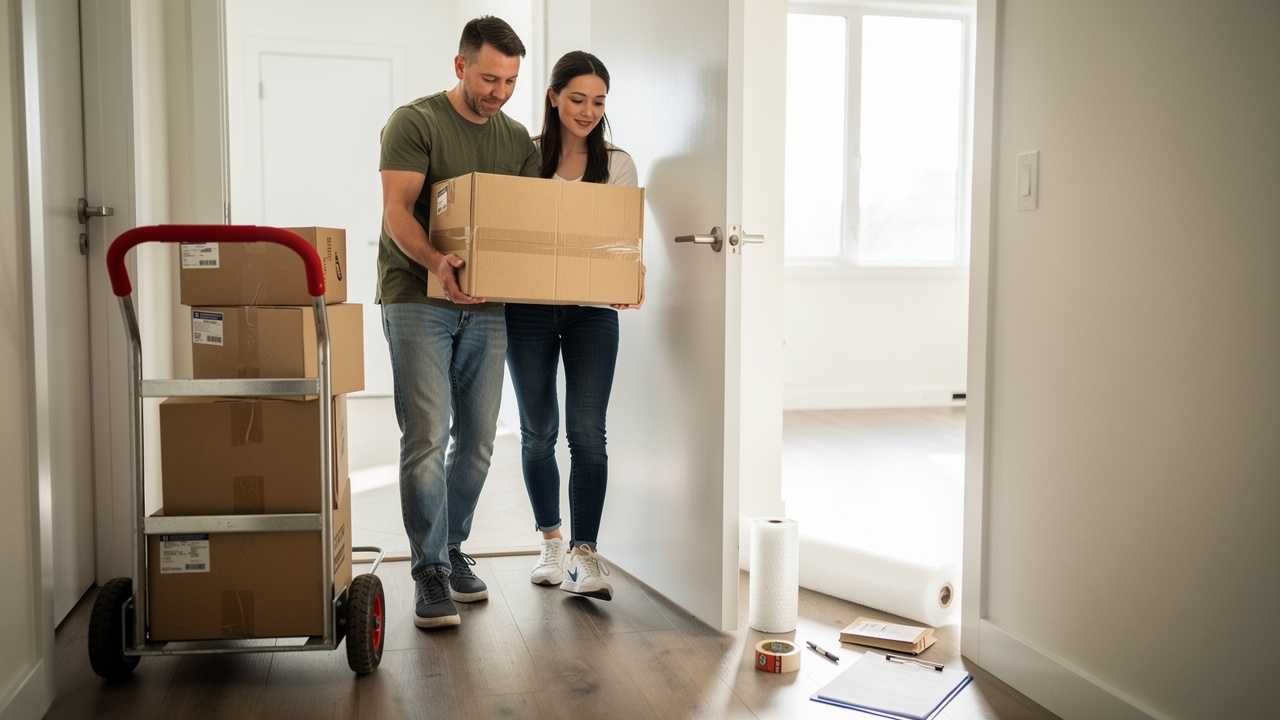 Adult children helping parent move boxes into apartment