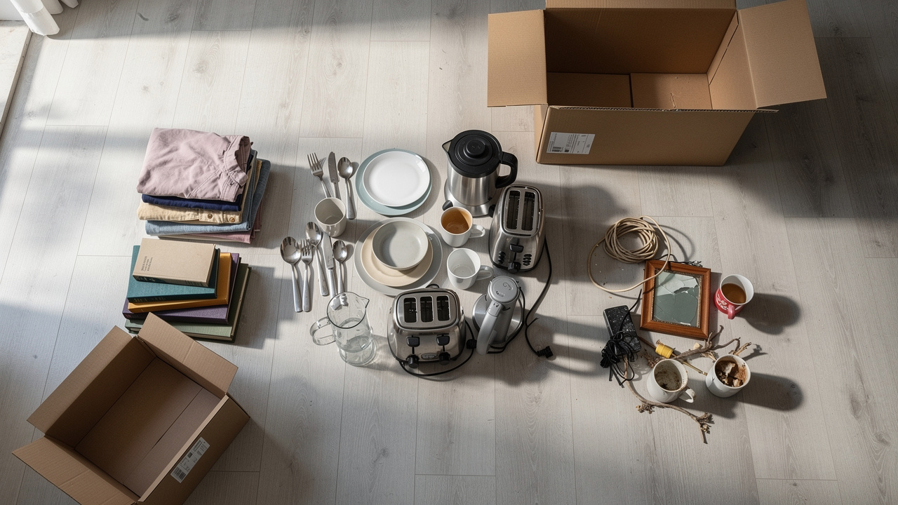 Organized piles of household items during decluttering session