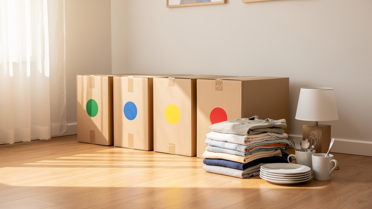 Four organized sorting boxes for decluttering before a move