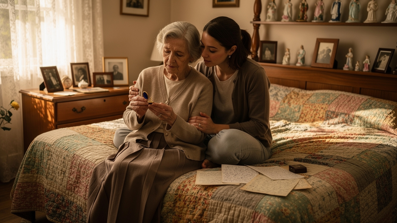 Grandmother and daughter sharing sentimental items before moving