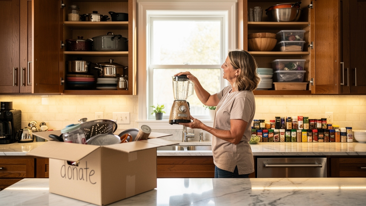 Woman organizing and decluttering kitchen cabinets before moving