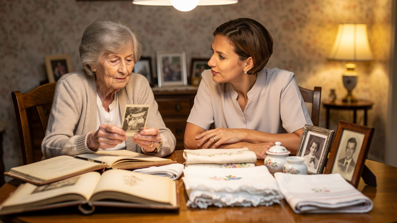 Senior move manager helping sort sentimental belongings during downsizing